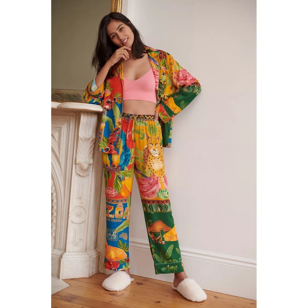 Farm Rio Womens XS Hibiscus Pajama Set Top & Bottom Anthropologie Boho